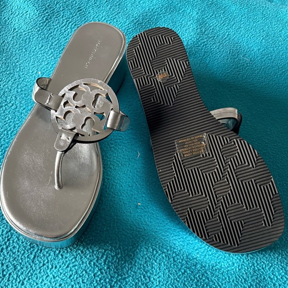 Tory Burch Metallic Silver Wedge Sandals - Picture 6 of 8